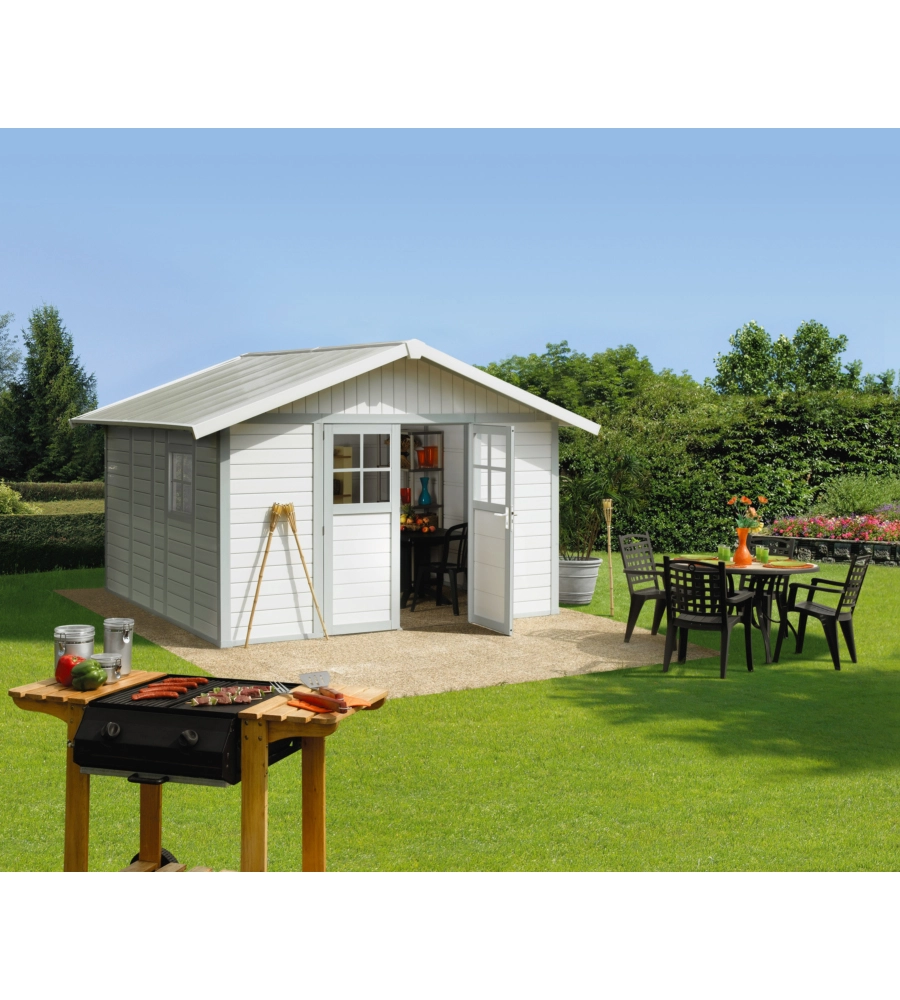 CASETTA DA GIARDINO IN PVC GROSFILLEX "DECO 11" BIANCO E GRIGIO-VERDE 370X407X250 CM - COD. 22911140